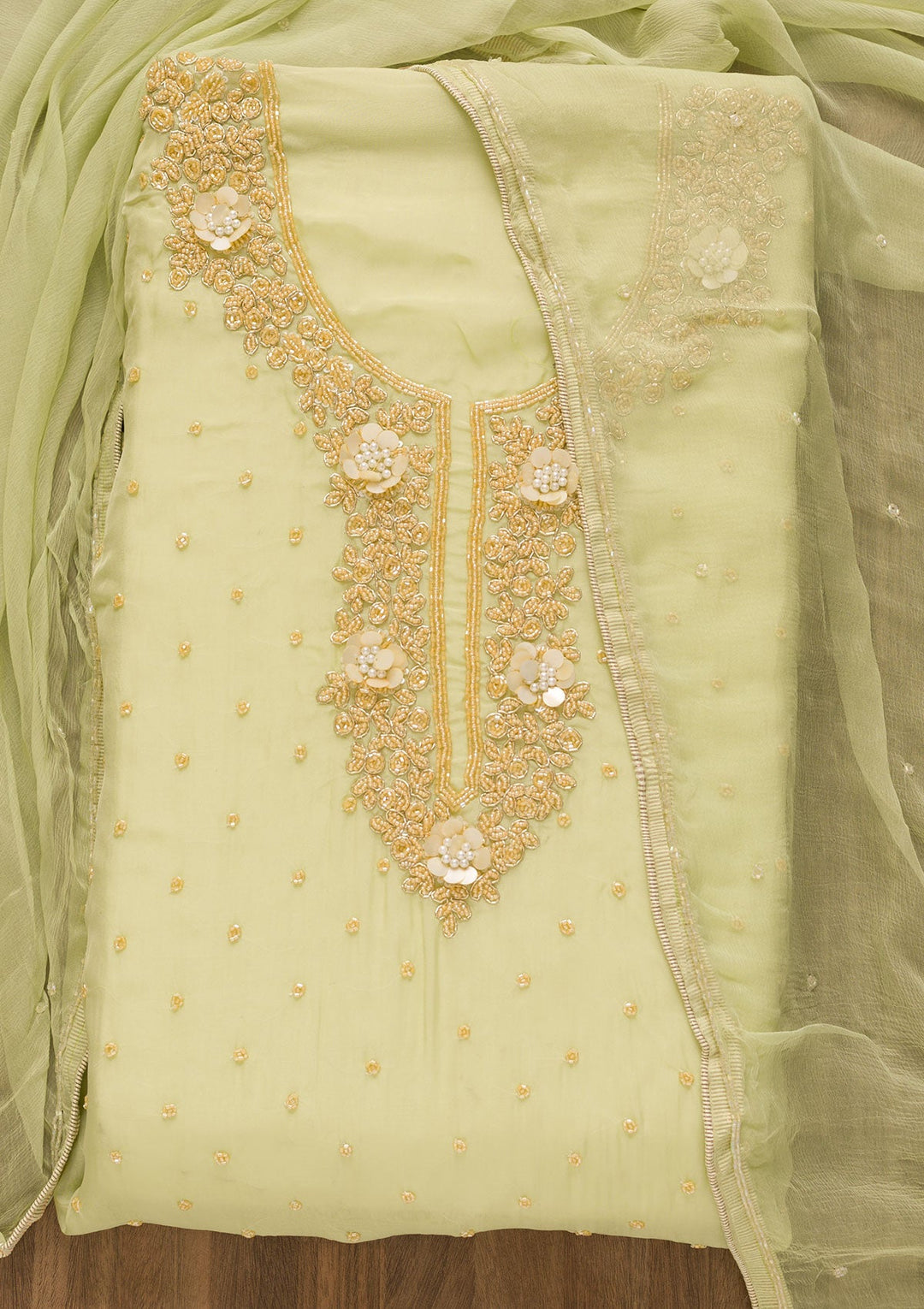 Pista Green Cutdana Organza Unstitched Salwar Kameez-Koskii