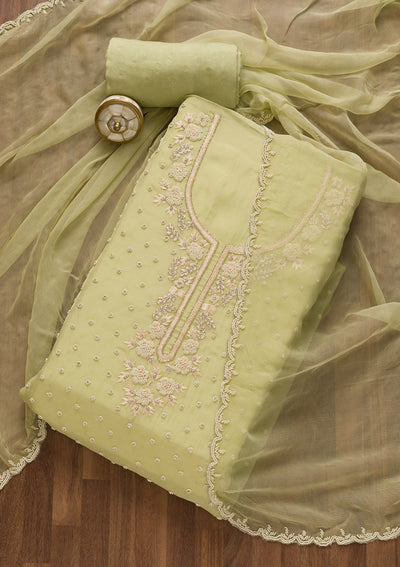 Pista Green Cutdana Organza Unstitched Salwar Kameez-Koskii