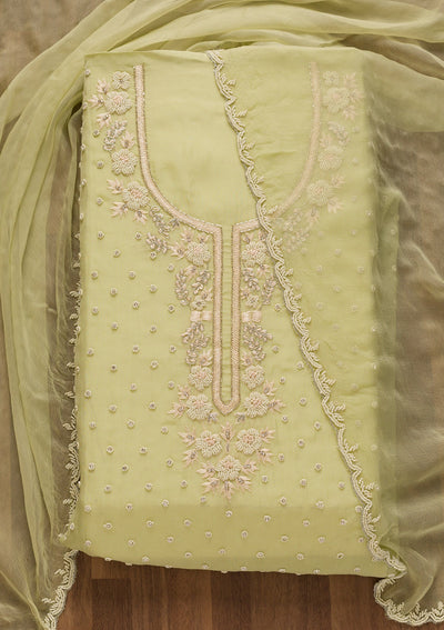 Pista Green Cutdana Organza Unstitched Salwar Kameez-Koskii