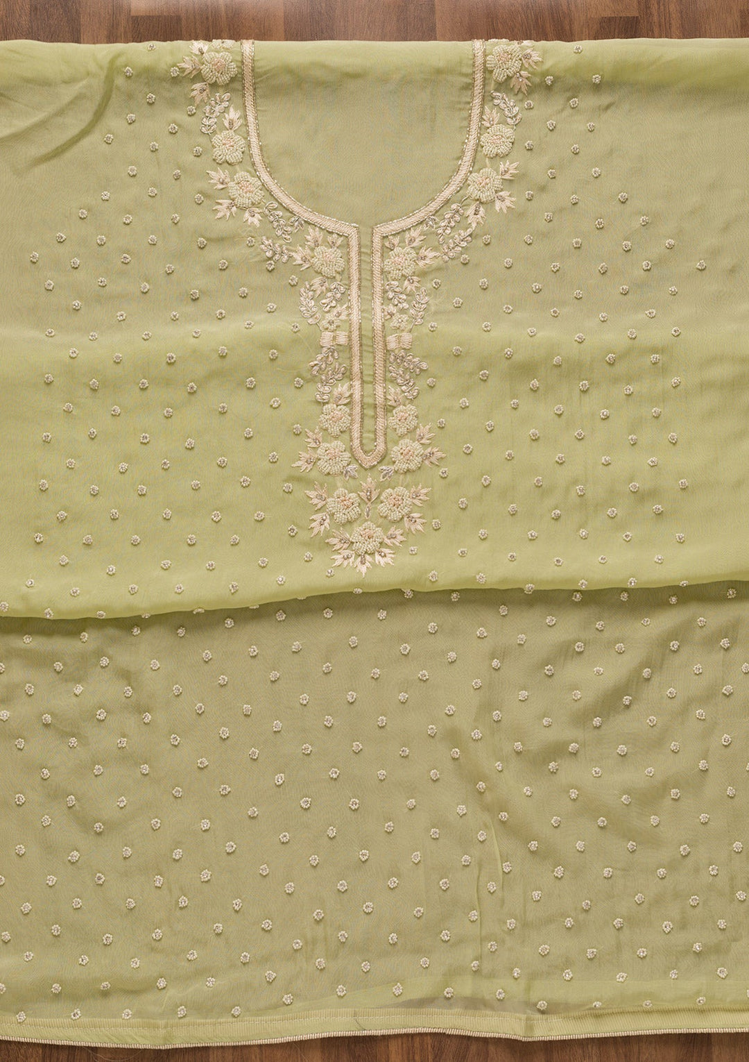 Pista Green Cutdana Organza Unstitched Salwar Kameez-Koskii