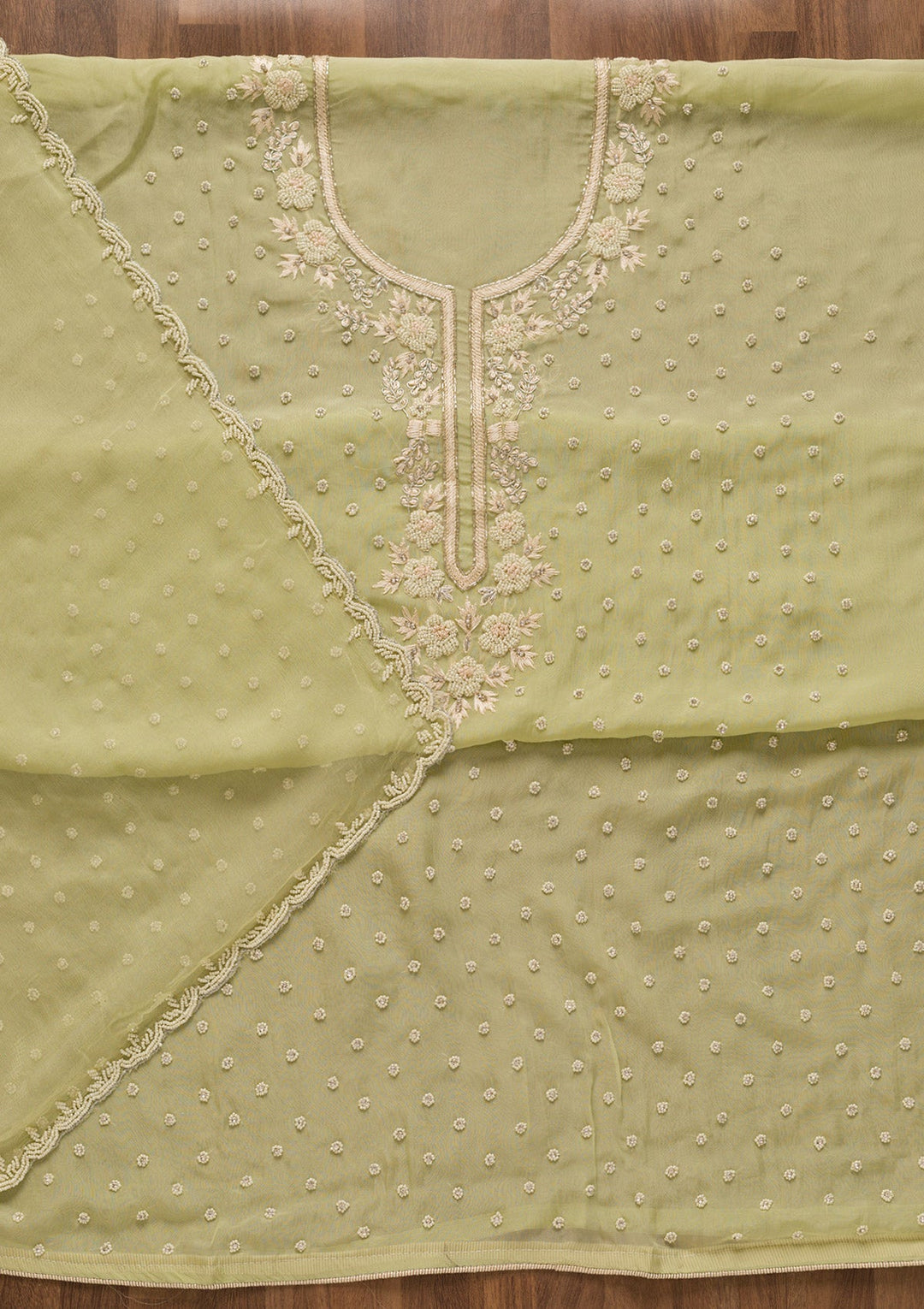 Pista Green Cutdana Organza Unstitched Salwar Kameez-Koskii