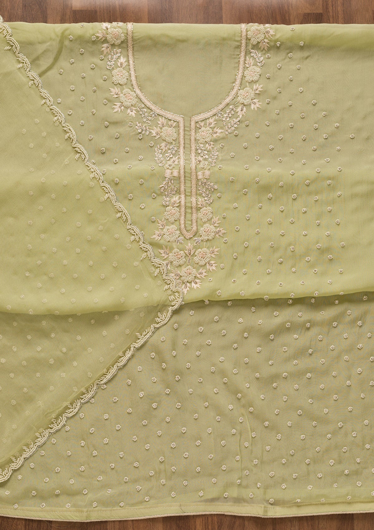 Pista Green Cutdana Organza Unstitched Salwar Kameez-Koskii
