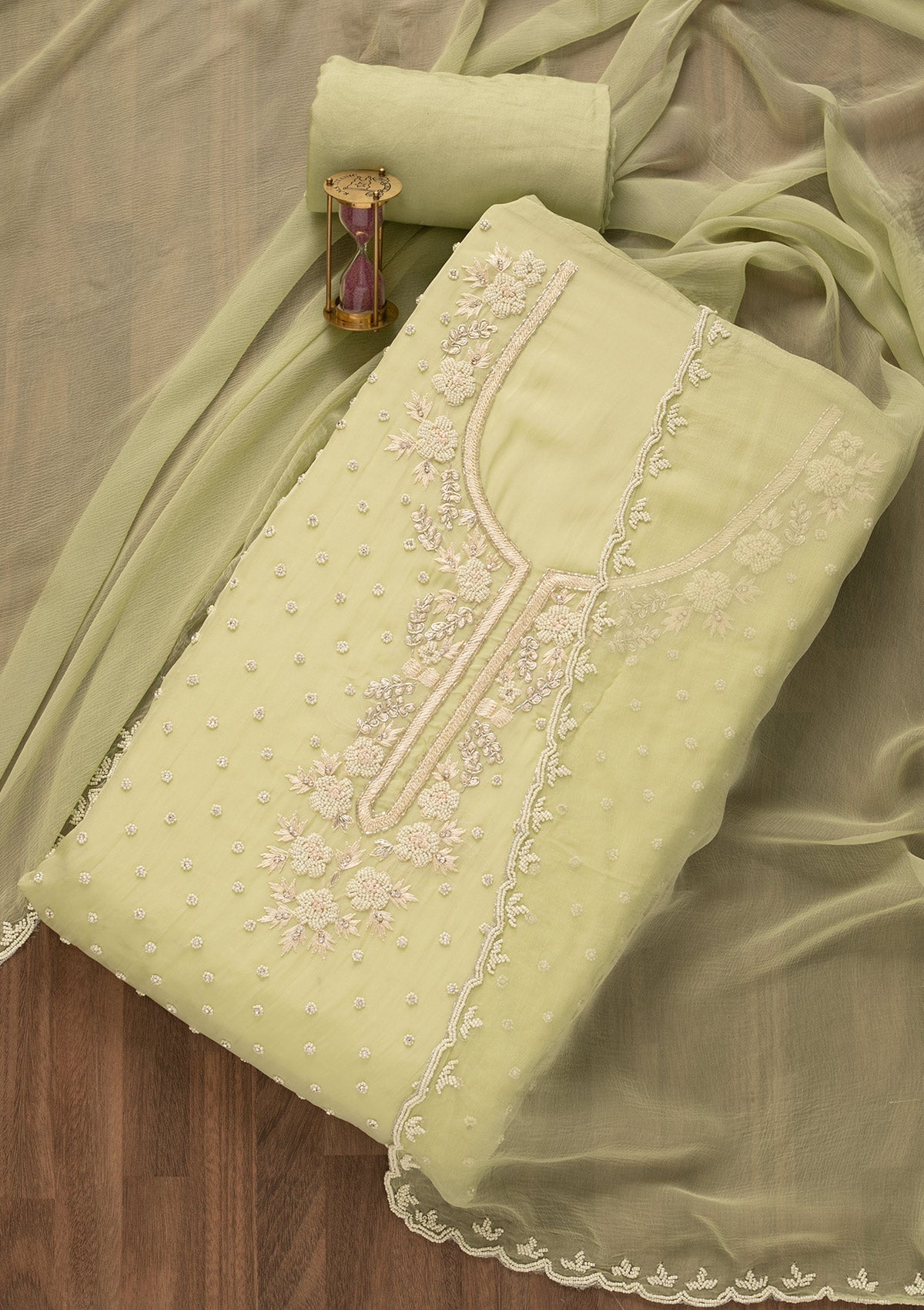 Pista Green Cutdana Tissue Unstitched Salwar Kameez-Koskii