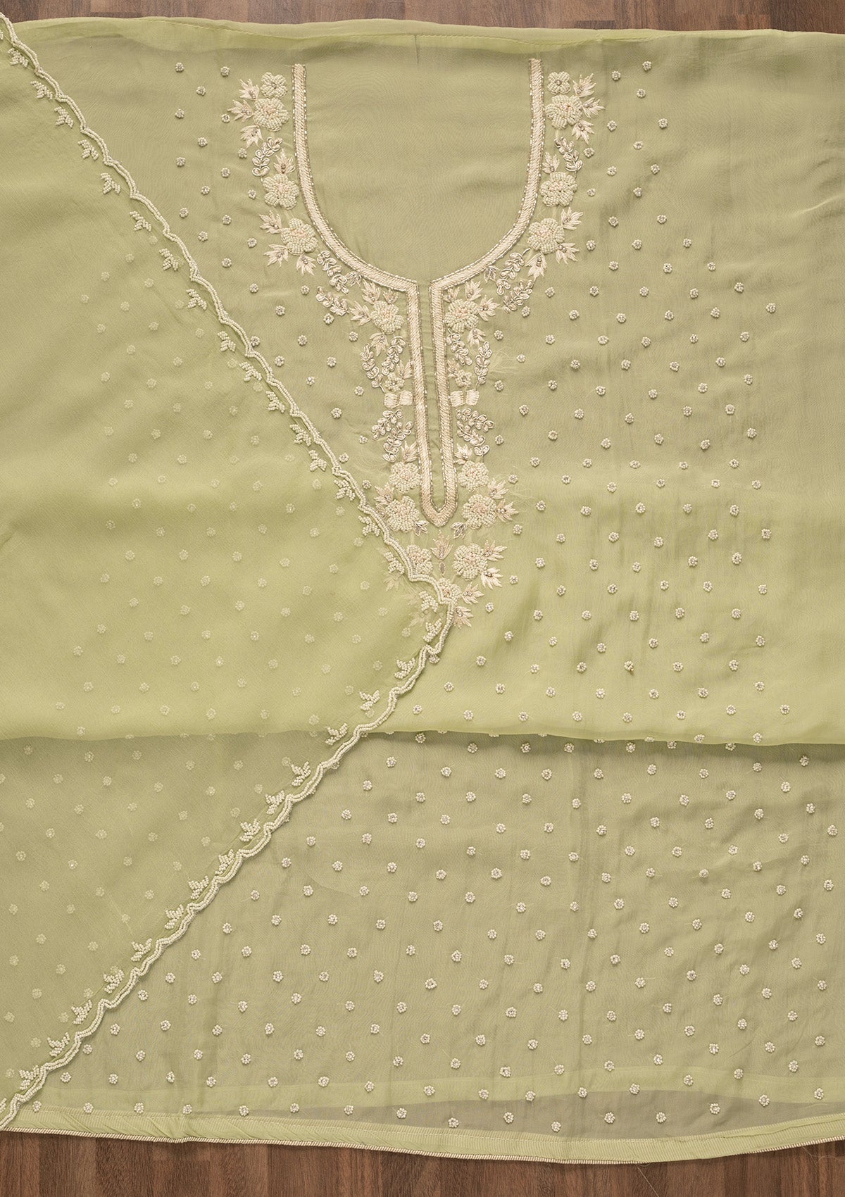 Pista Green Cutdana Tissue Unstitched Salwar Kameez-Koskii