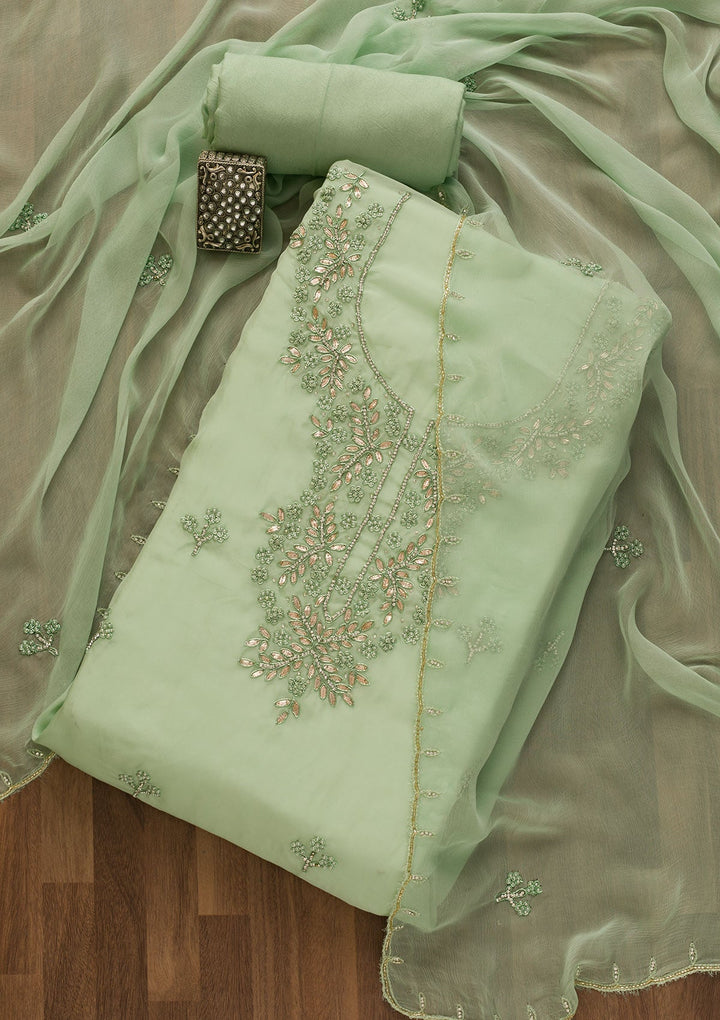 Pista Green Gotapatti Organza Unstitched Salwar Kameez-Koskii