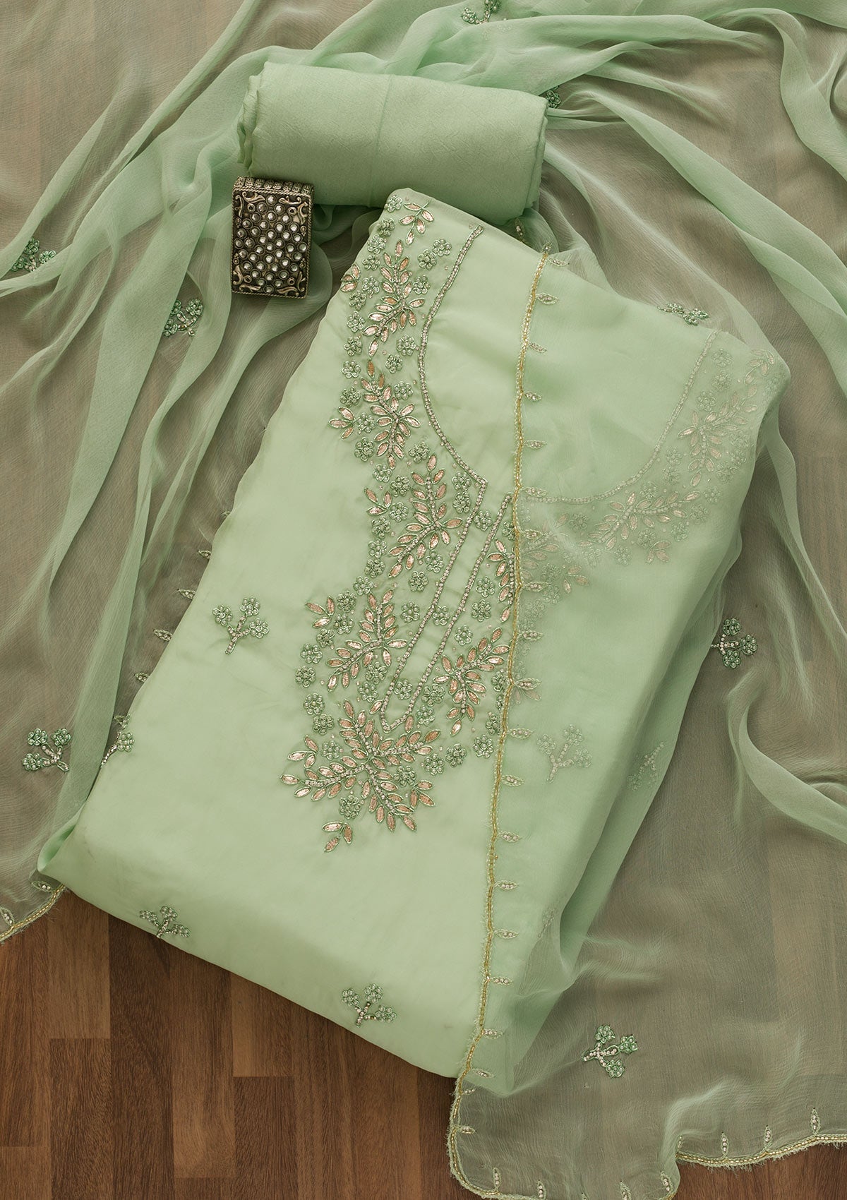 Pista Green Gotapatti Organza Unstitched Salwar Kameez-Koskii