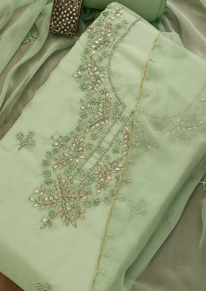 Pista Green Gotapatti Organza Unstitched Salwar Kameez-Koskii