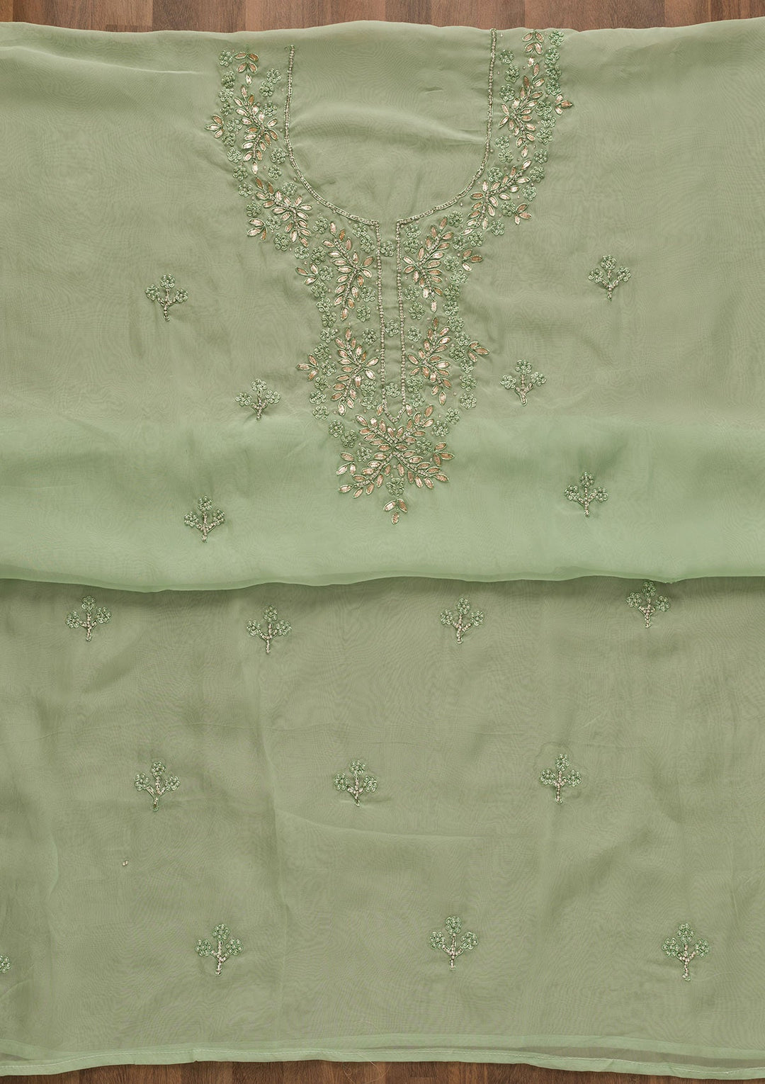 Pista Green Gotapatti Organza Unstitched Salwar Kameez-Koskii