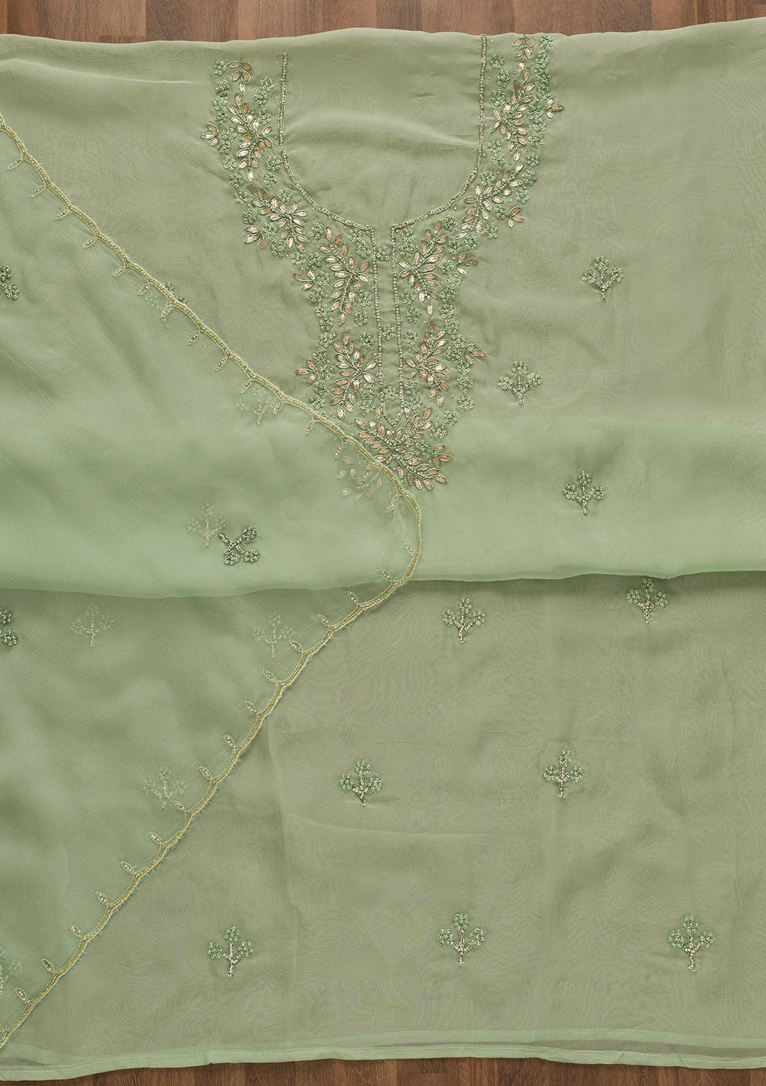 Pista Green Gotapatti Organza Unstitched Salwar Kameez-Koskii