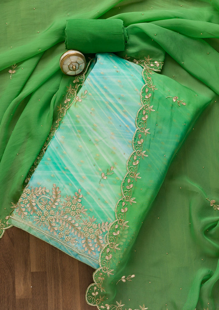Pista Green Gotapatti Organza Unstitched Salwar Kameez-Koskii