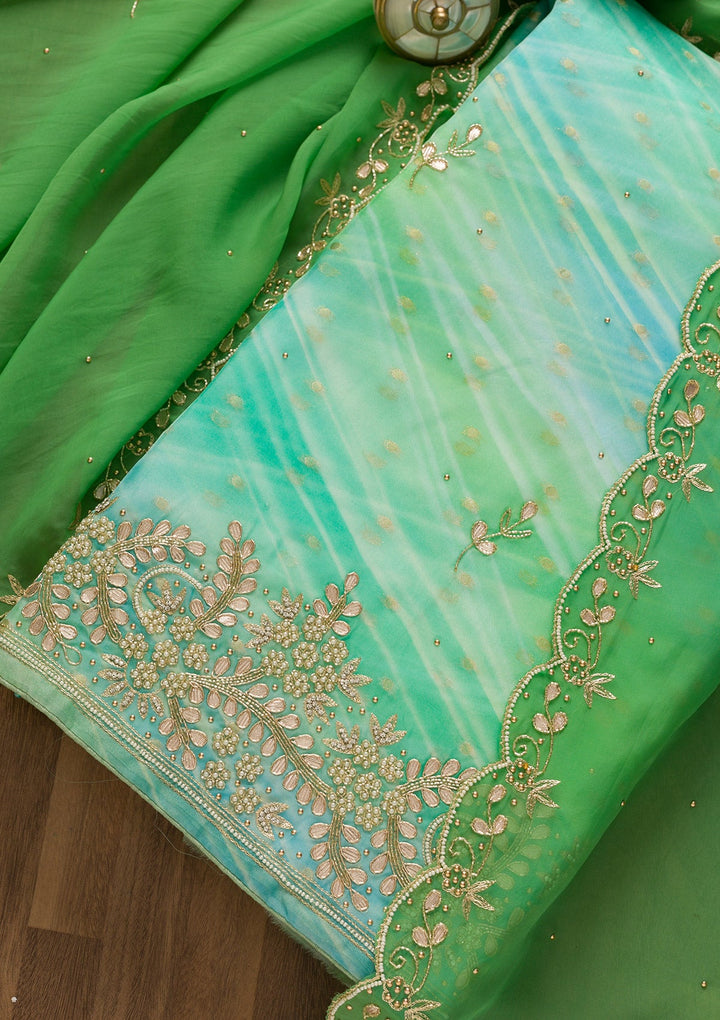 Pista Green Gotapatti Organza Unstitched Salwar Kameez-Koskii