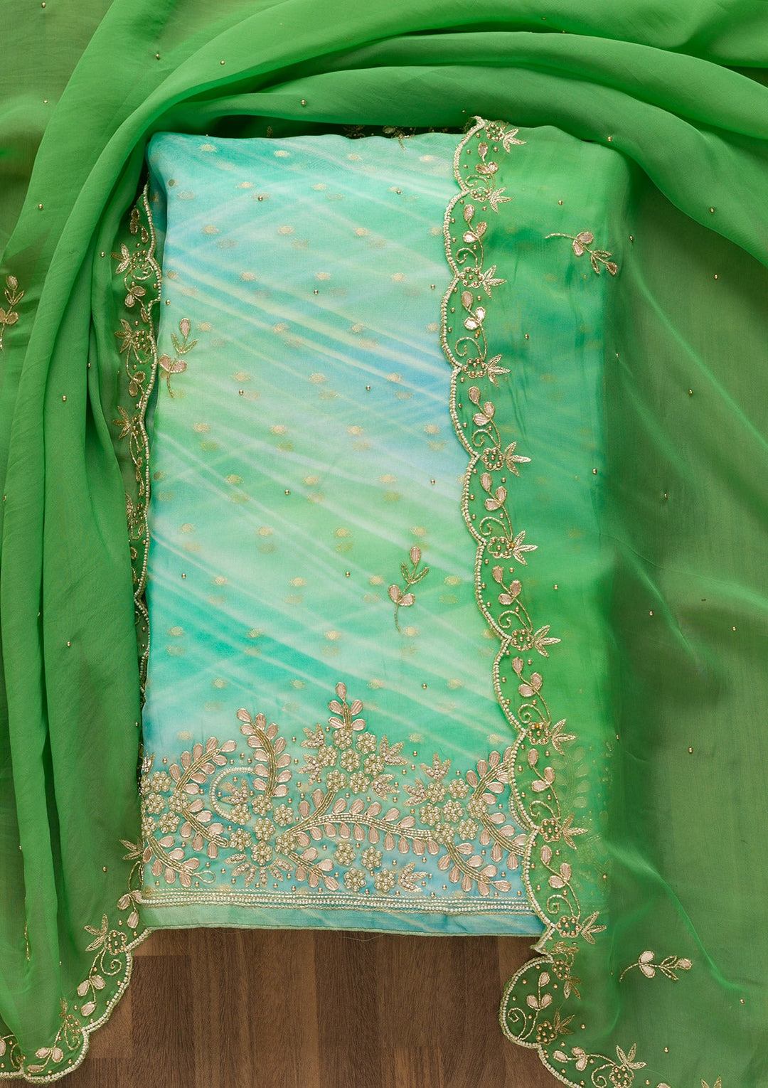 Pista Green Gotapatti Organza Unstitched Salwar Kameez-Koskii