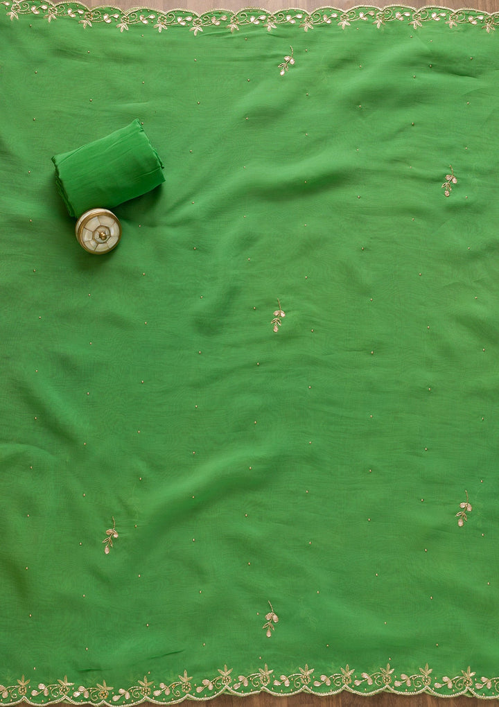 Pista Green Gotapatti Organza Unstitched Salwar Kameez-Koskii