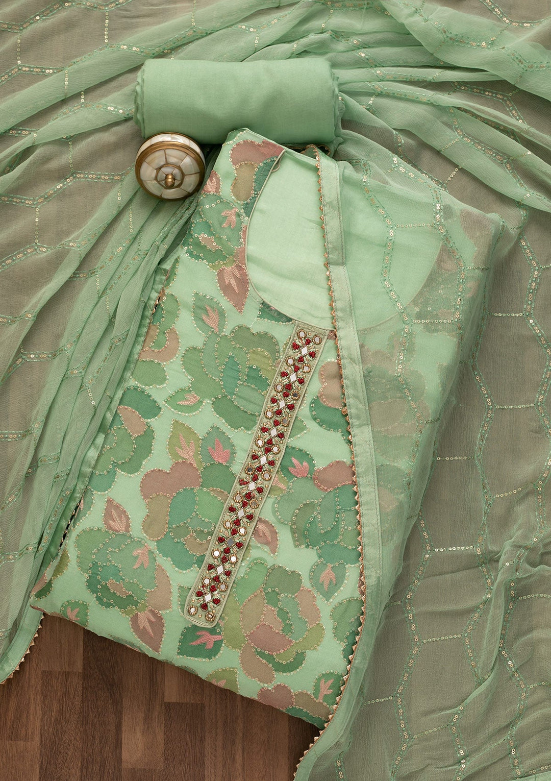 Pista Green Mirrorwork Art Silk Unstitched Salwar Kameez-Koskii