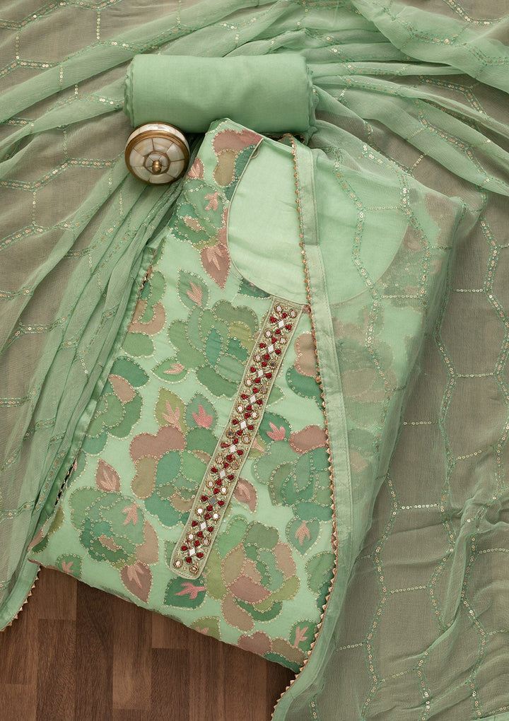 Pista Green Mirrorwork Art Silk Unstitched Salwar Kameez-Koskii