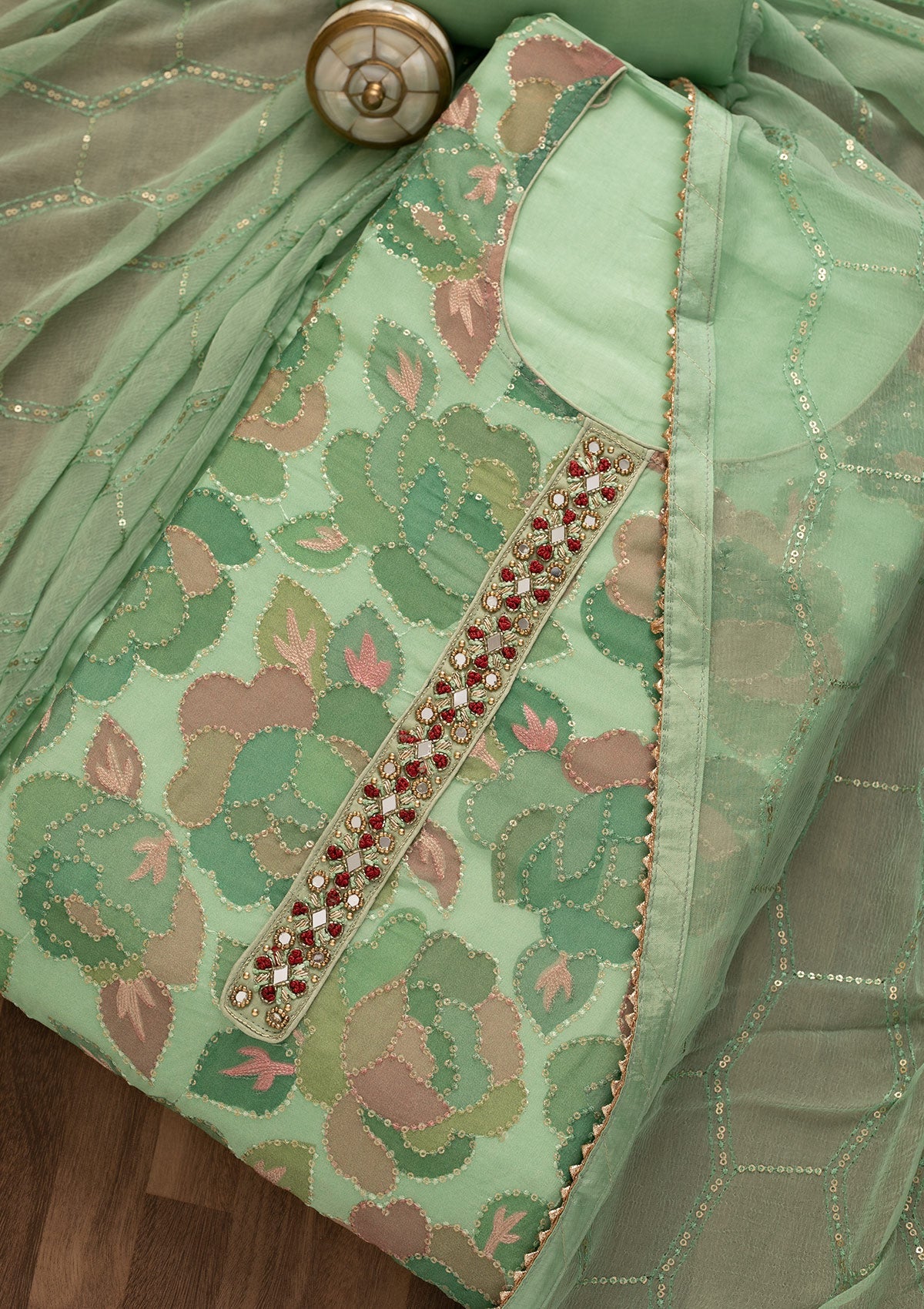 Pista Green Mirrorwork Art Silk Unstitched Salwar Kameez-Koskii
