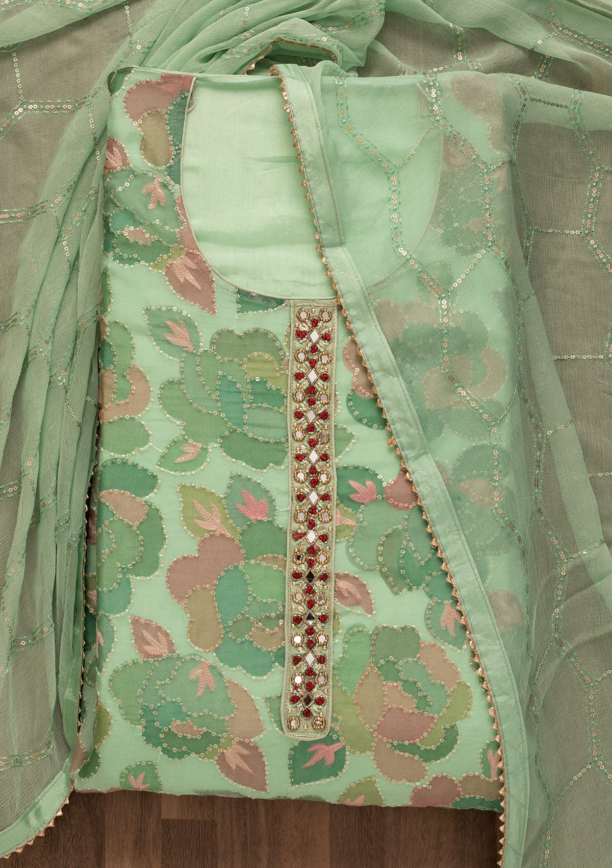 Pista Green Mirrorwork Art Silk Unstitched Salwar Kameez-Koskii