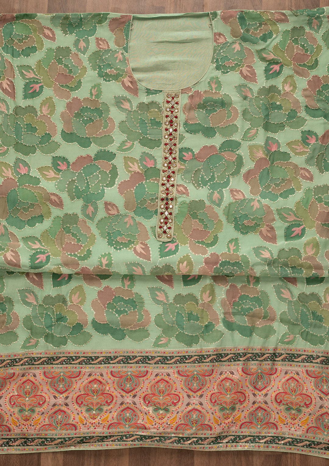 Pista Green Mirrorwork Art Silk Unstitched Salwar Kameez-Koskii