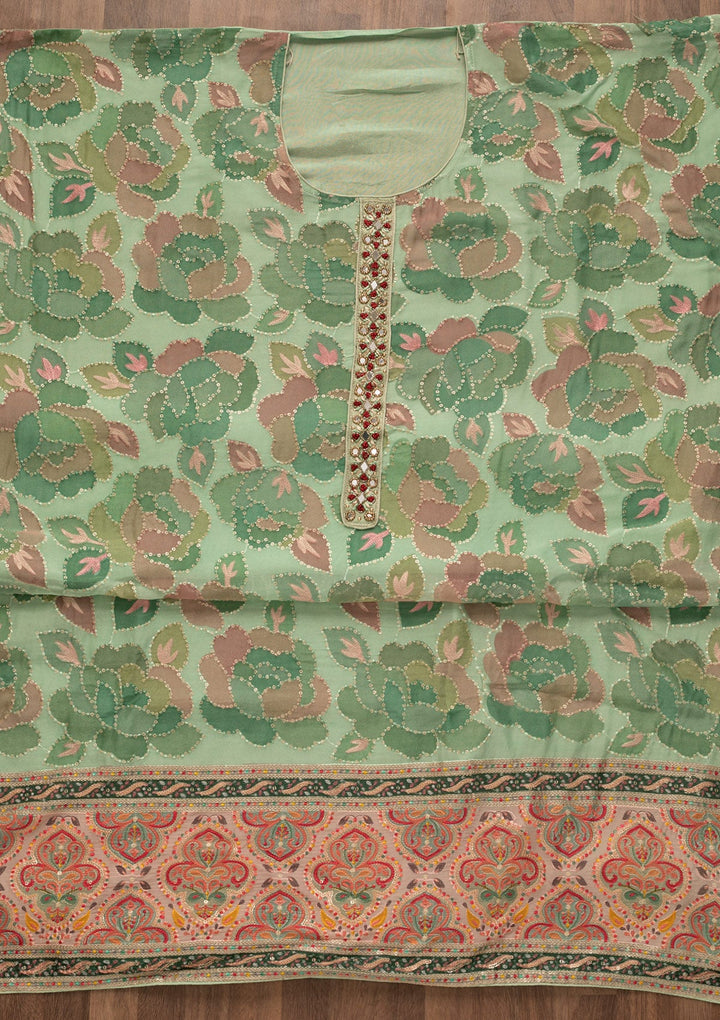 Pista Green Mirrorwork Art Silk Unstitched Salwar Kameez-Koskii