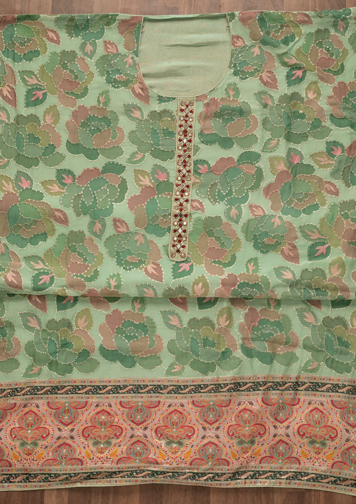 Pista Green Mirrorwork Art Silk Unstitched Salwar Kameez-Koskii
