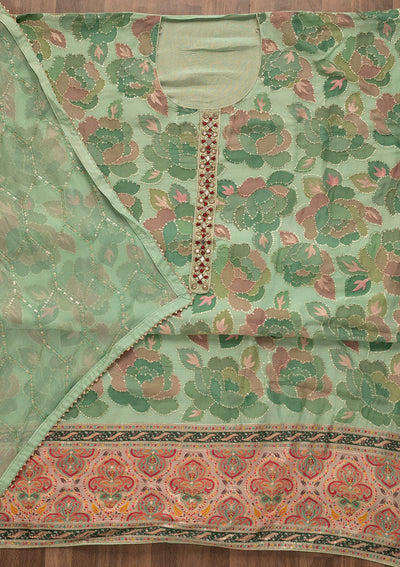 Pista Green Mirrorwork Art Silk Unstitched Salwar Kameez-Koskii