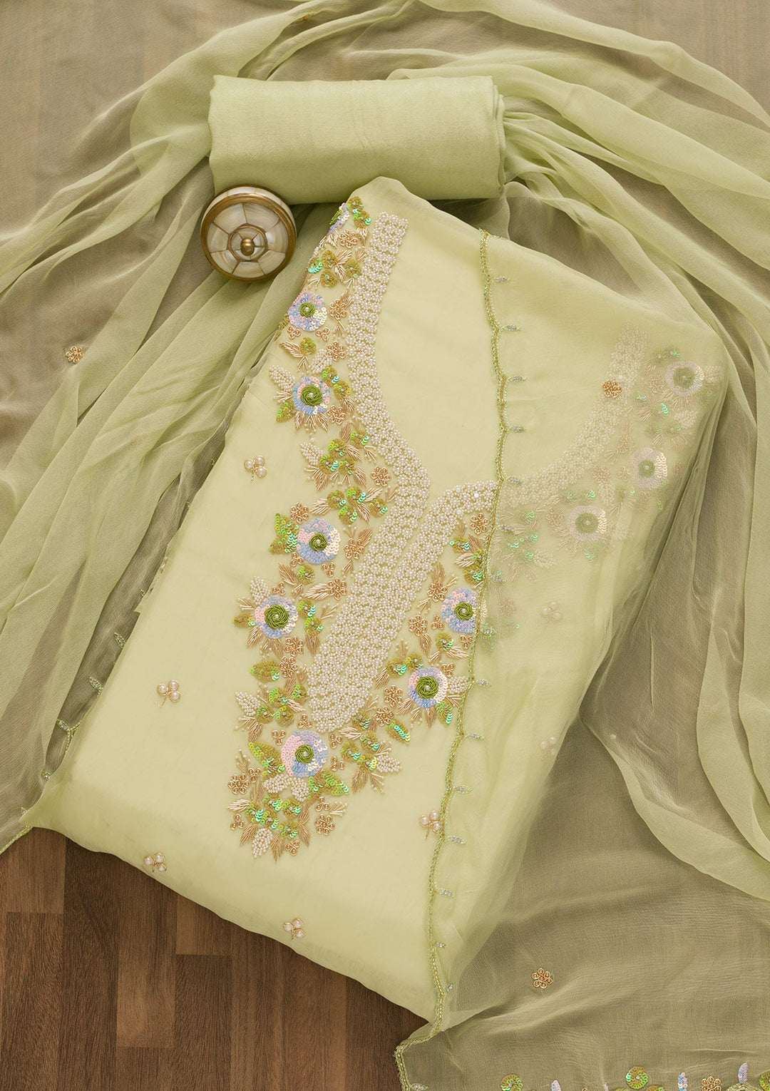 Pista Green Pearlwork Organza Unstitched Salwar Kameez-Koskii