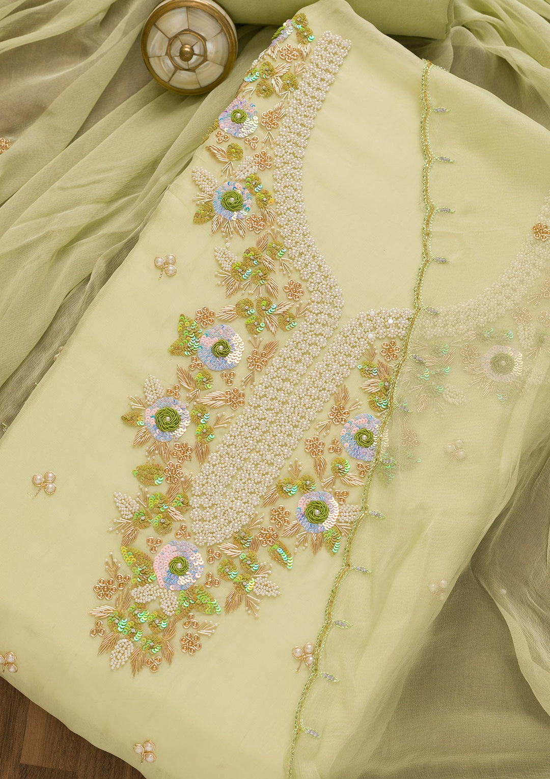 Pista Green Pearlwork Organza Unstitched Salwar Kameez-Koskii
