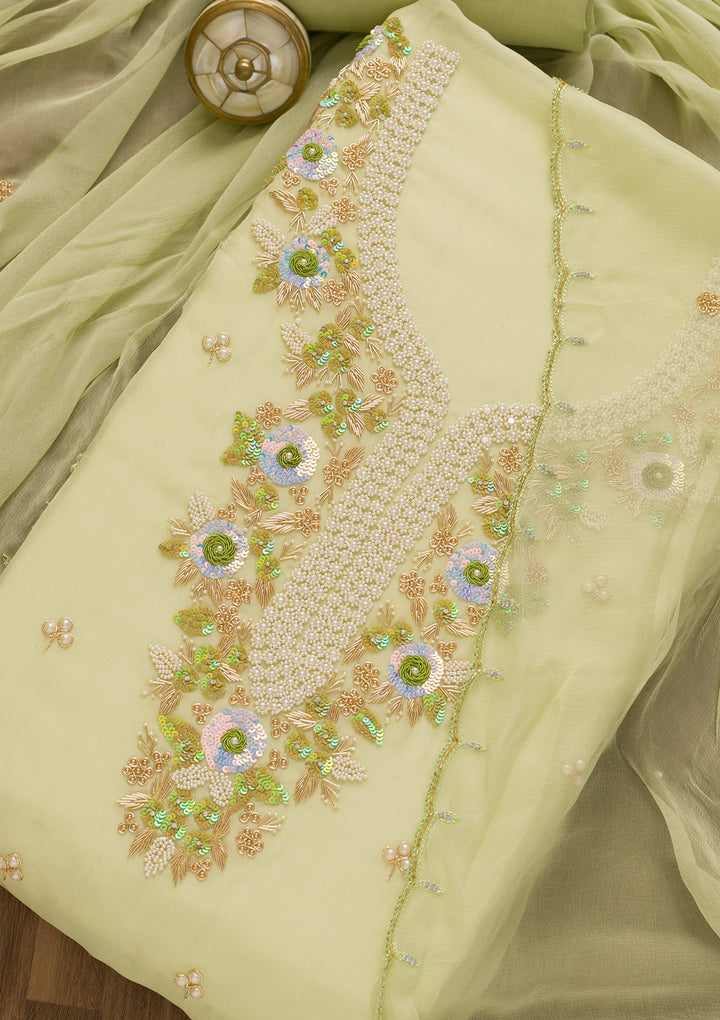 Pista Green Pearlwork Organza Unstitched Salwar Kameez-Koskii