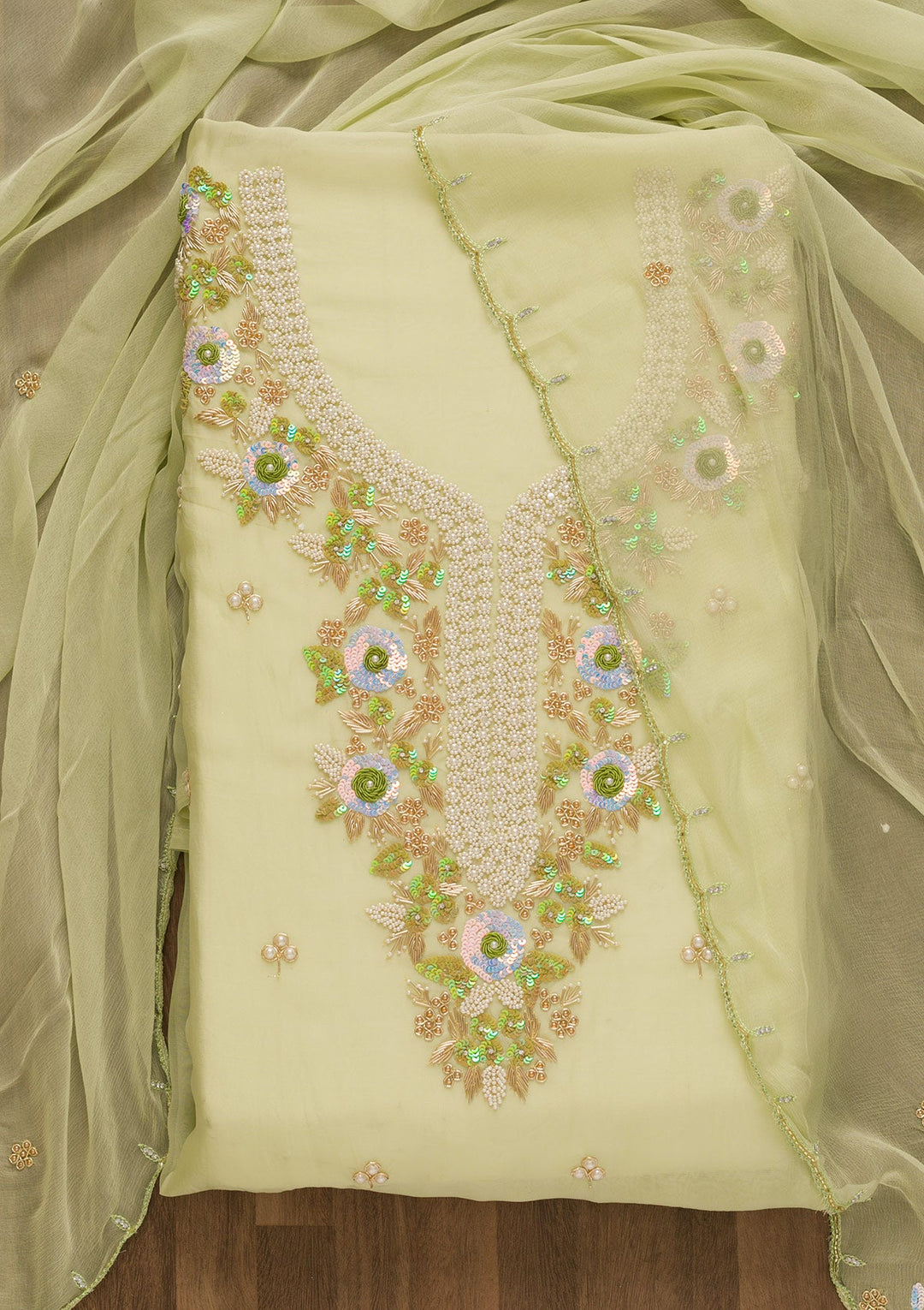Pista Green Pearlwork Organza Unstitched Salwar Kameez-Koskii