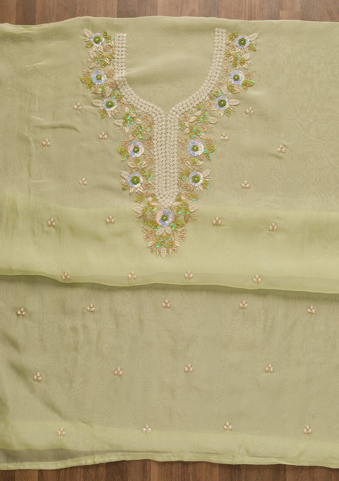 Pista Green Pearlwork Organza Unstitched Salwar Kameez-Koskii