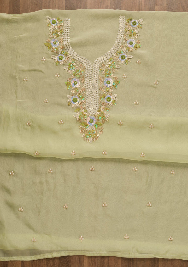 Pista Green Pearlwork Organza Unstitched Salwar Kameez-Koskii