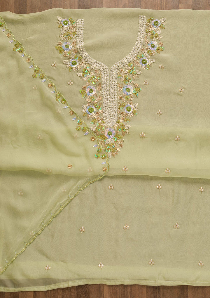 Pista Green Pearlwork Organza Unstitched Salwar Kameez-Koskii