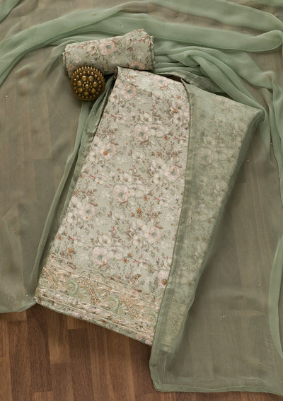 Pista Green Printed Semi Crepe Unstitched Salwar Kameez-Koskii