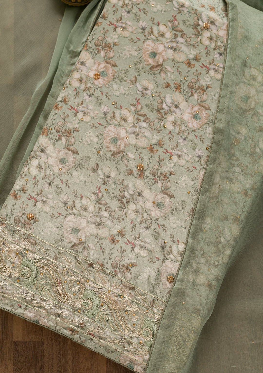 Pista Green Printed Semi Crepe Unstitched Salwar Kameez-Koskii