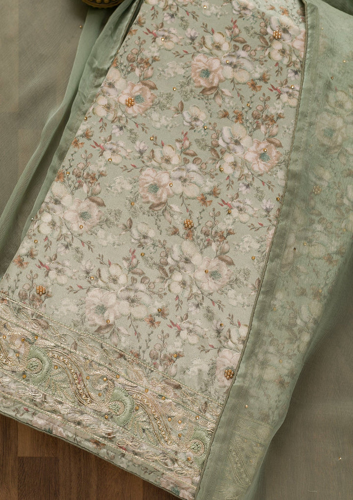 Pista Green Printed Semi Crepe Unstitched Salwar Kameez-Koskii