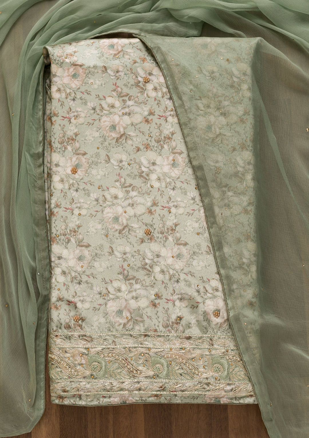 Pista Green Printed Semi Crepe Unstitched Salwar Kameez-Koskii