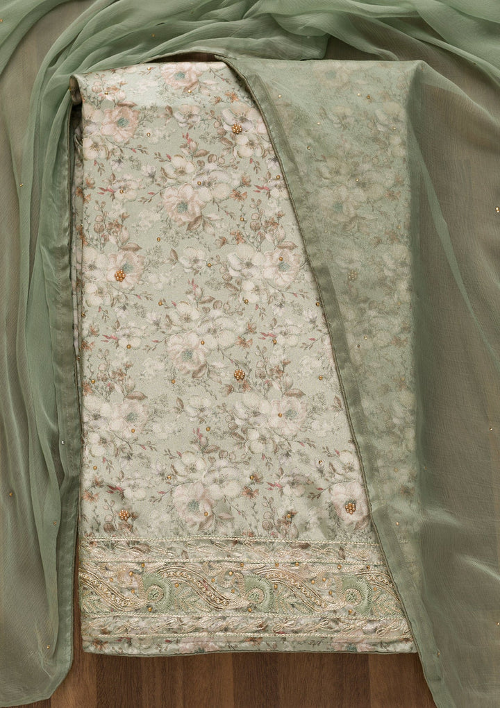 Pista Green Printed Semi Crepe Unstitched Salwar Kameez-Koskii