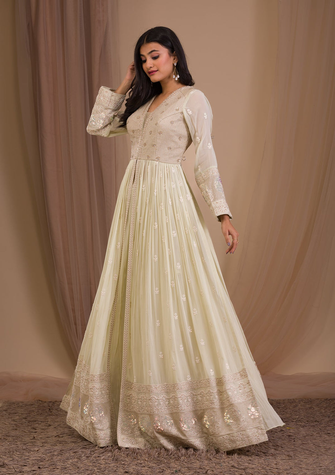 Pista Green Threadwork Georgette Readymade Lehenga-Koskii