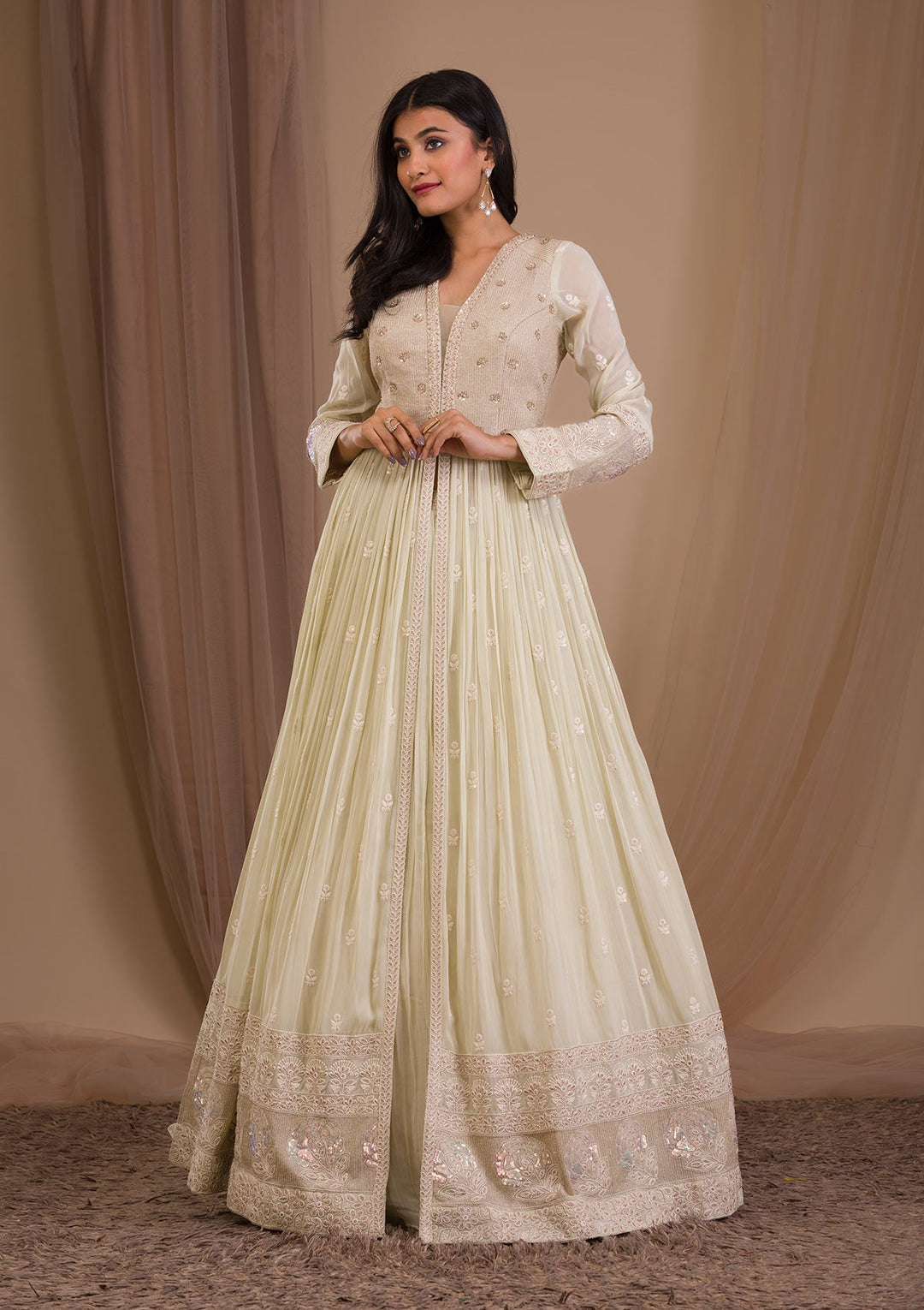 Pista Green Threadwork Georgette Readymade Lehenga-Koskii