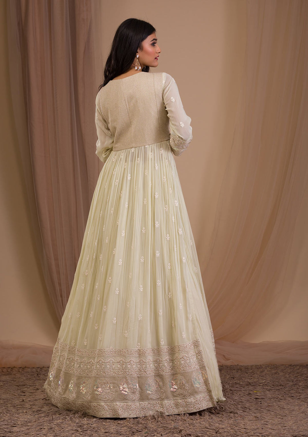 Pista Green Threadwork Georgette Readymade Lehenga-Koskii