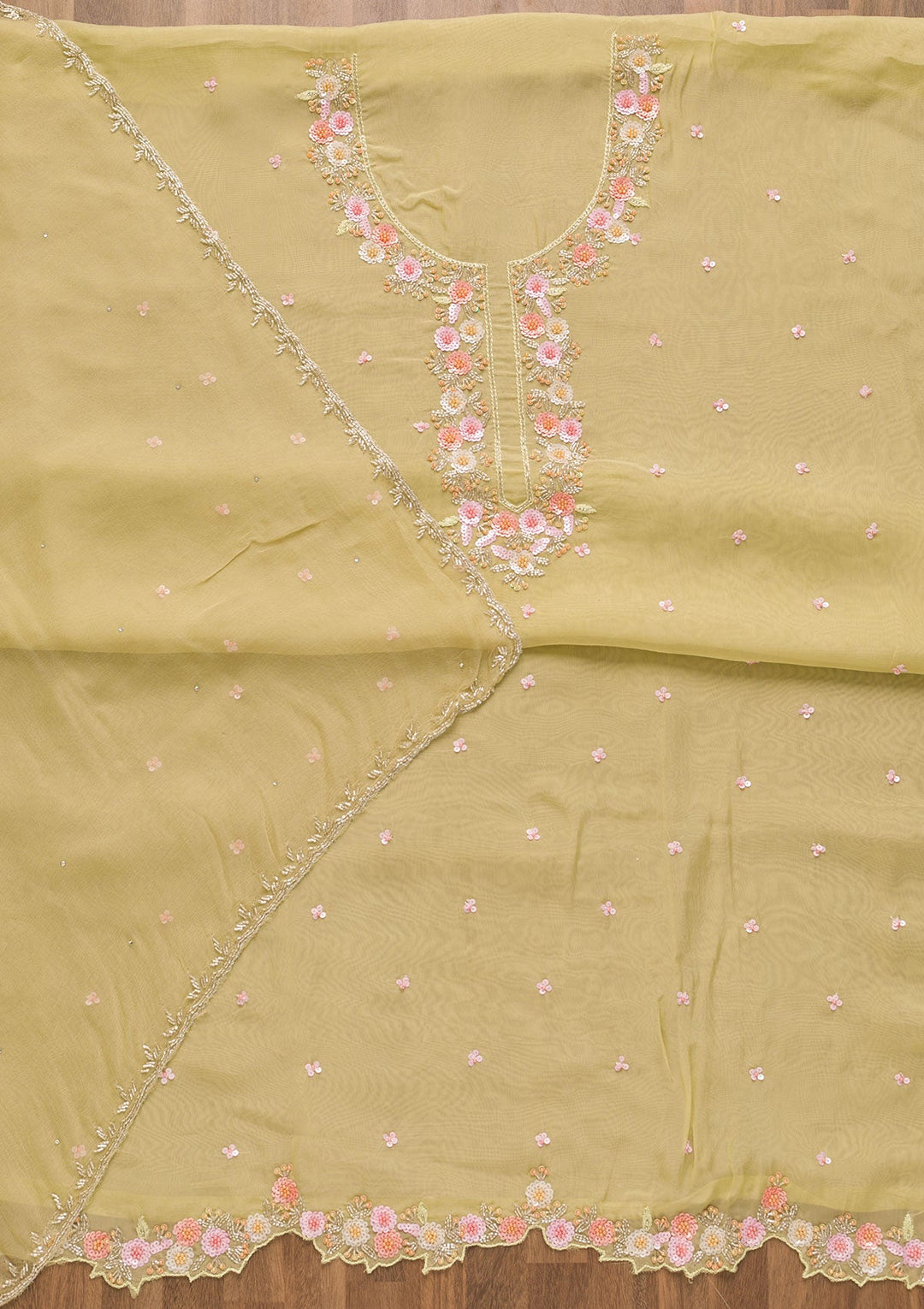 Pista Green Sequins Organza Unstitched Salwar Kameez-Koskii
