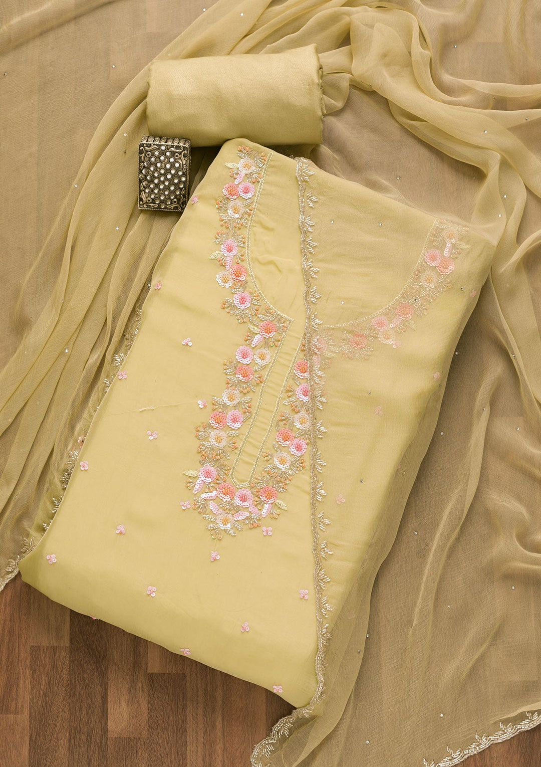 Pista Green Sequins Organza Unstitched Salwar Kameez-Koskii