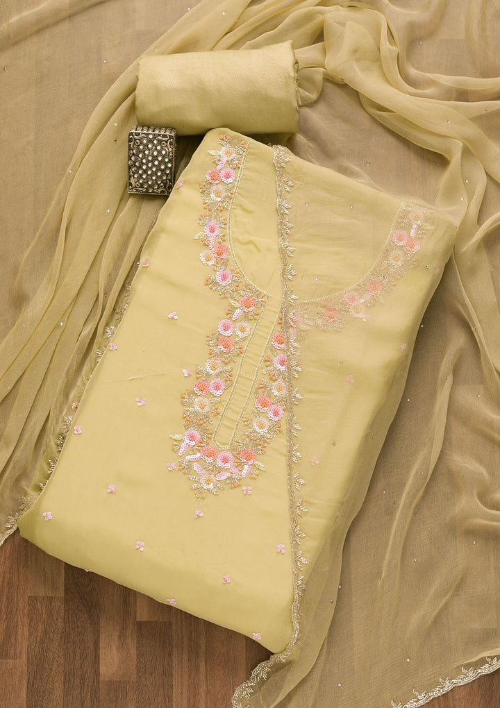 Pista Green Sequins Organza Unstitched Salwar Kameez-Koskii