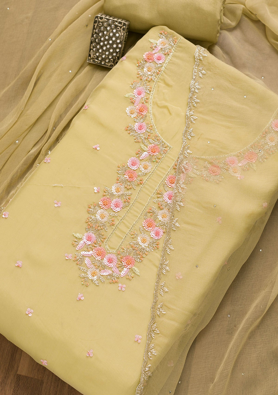 Pista Green Sequins Organza Unstitched Salwar Kameez-Koskii