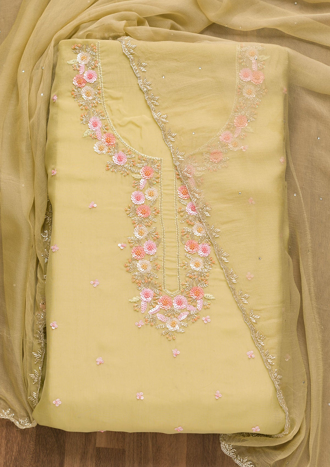 Pista Green Sequins Organza Unstitched Salwar Kameez-Koskii
