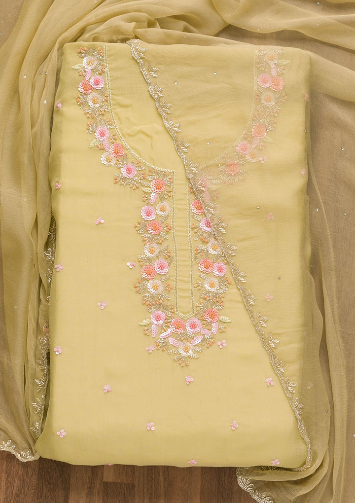 Pista Green Sequins Organza Unstitched Salwar Kameez-Koskii