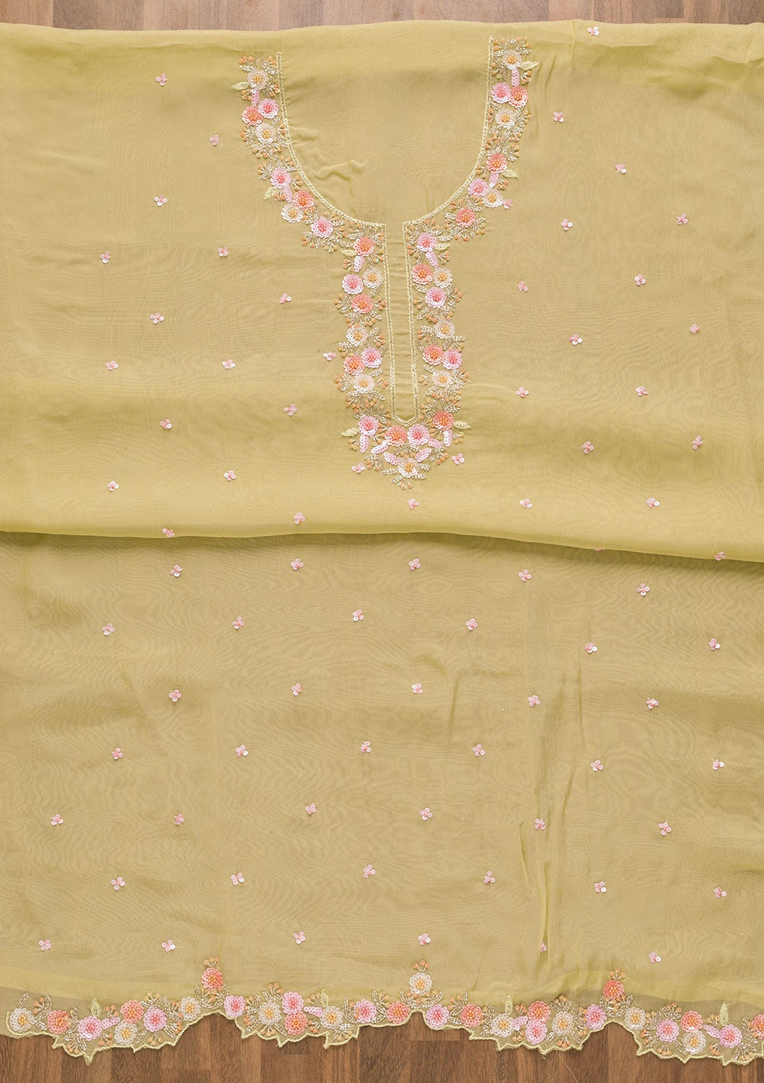 Pista Green Sequins Organza Unstitched Salwar Kameez-Koskii