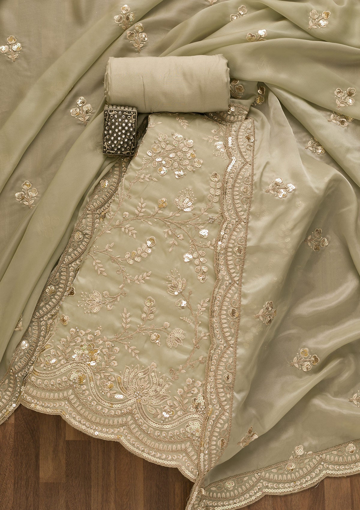 Pista Green Sequins Tissue Unstitched Salwar Kameez-Koskii