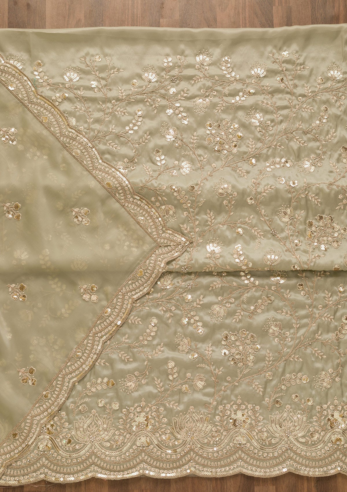 Pista Green Sequins Tissue Unstitched Salwar Kameez-Koskii