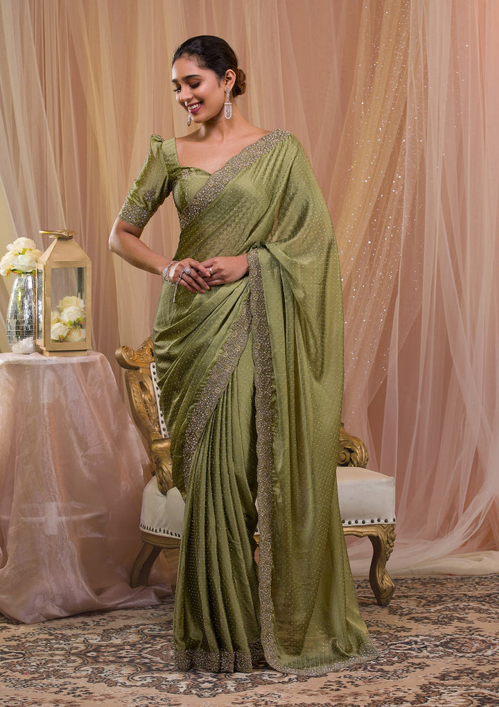 Pista Green Silver Stonework Crepe Saree-Koskii